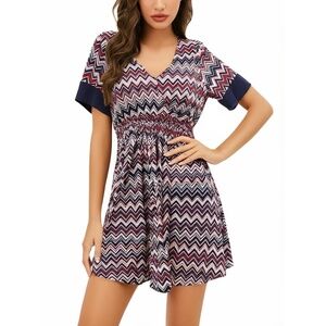 Expresso Short‎ Dress Size M Red White Blue Aztec Boho V-Neck Chevron Vibrant